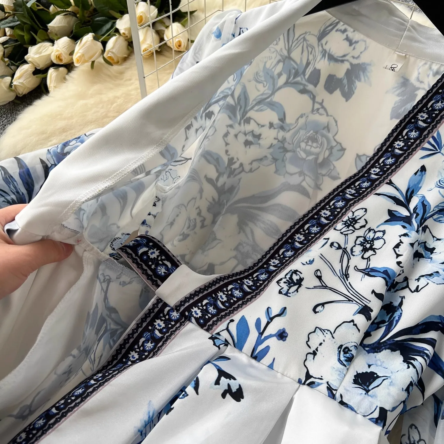 French Gorgeous Flower Holiday Long Dress Women\'s V-Neck Long Lantern Sleeve Lace Up Vintage Maxi Robes Party Vestidos Clothes
