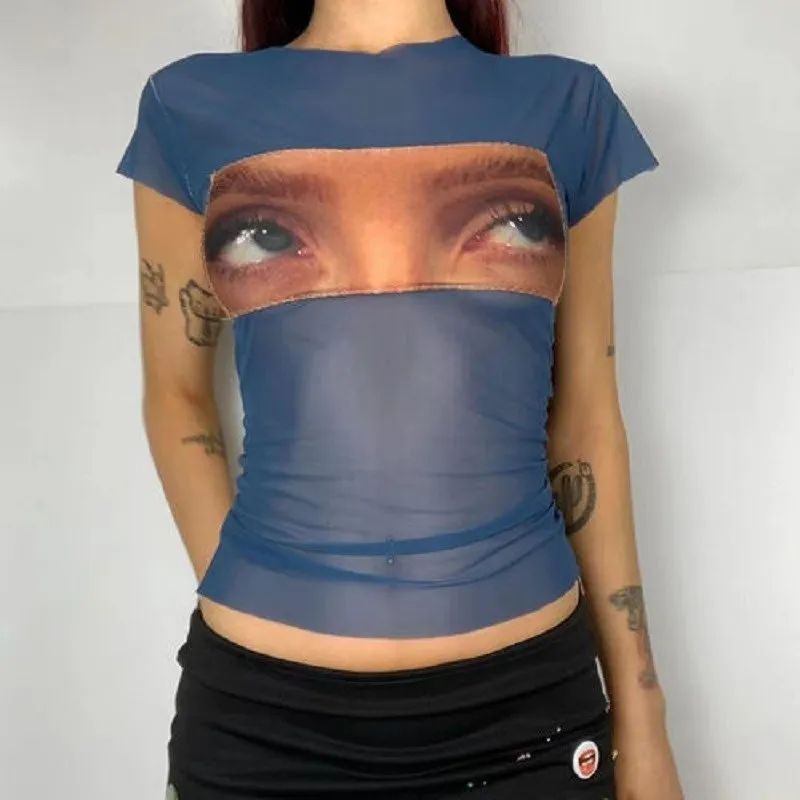 

ZSIIBO Summer Retro Aesthetics T-shirt Transparent Mesh Short Sexy Top Open Umbilical Gothic Funny Eye Picture T-shirt Y2K