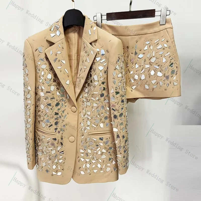 

Champagne Women Suit Set 2 Pcs Crystals Blazer+Short Pant Formal Office Lady Jacket Customized Cotton Wedding Guest Prom Coat