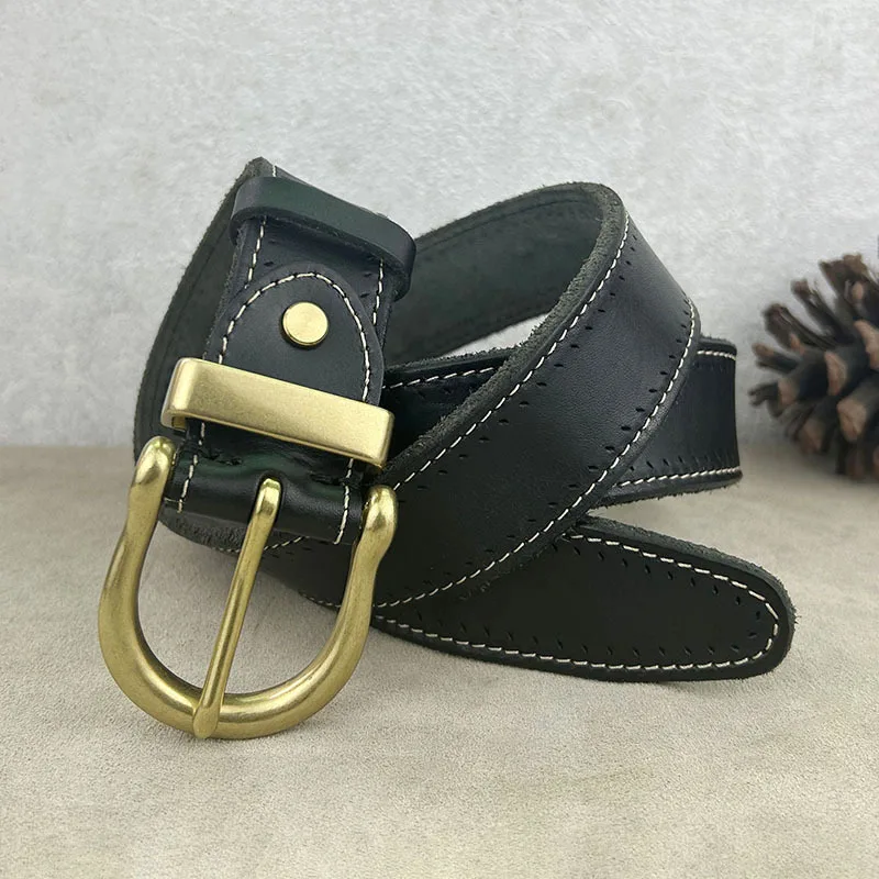 3.8CM Men Top Layer Cowhide Handmade Casual Fashion Washed Copper Buckle Belt Male High Quality Genuine Leather Belts