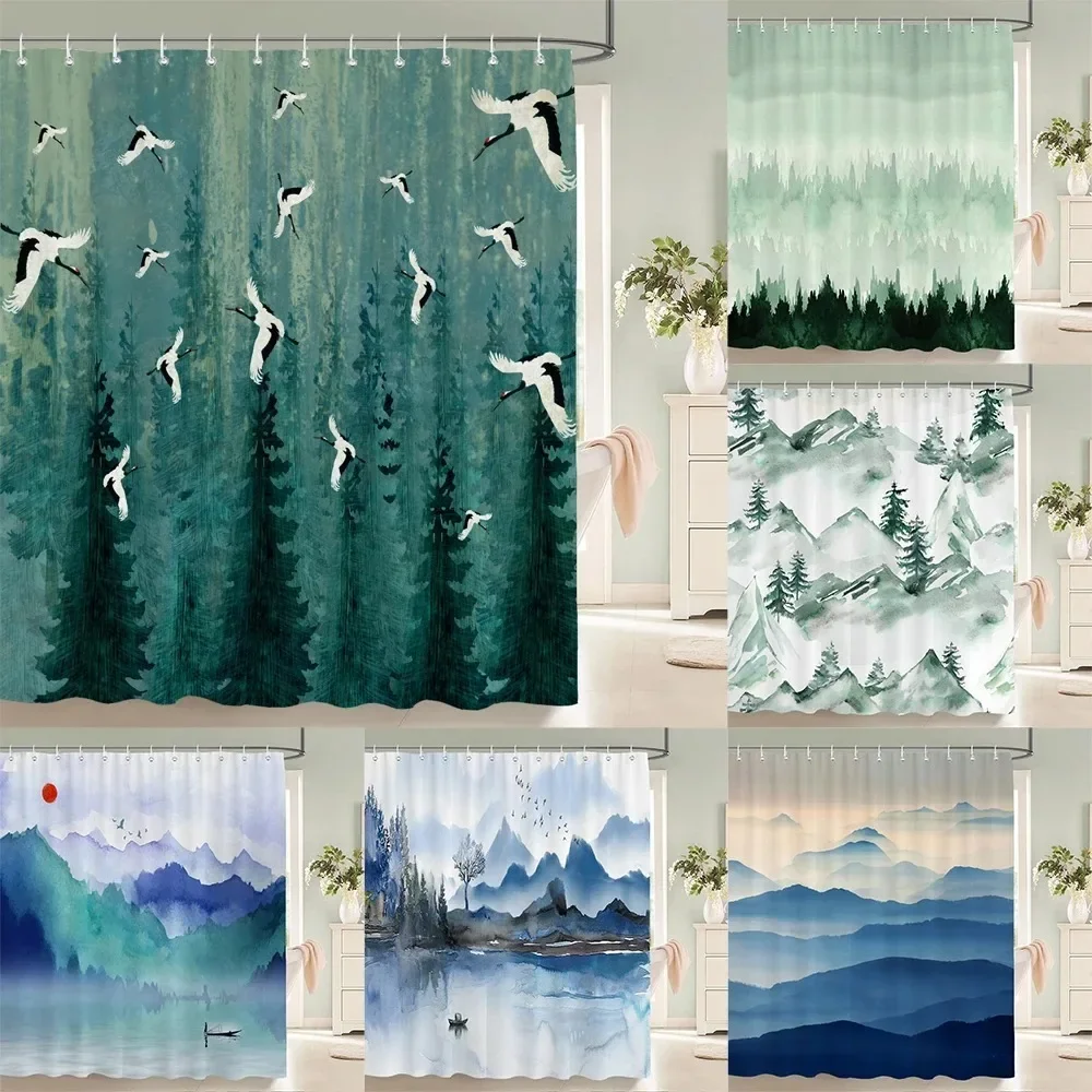 Chinese Ink Painting landscape Bath Curtain Waterproof Shower Curtains Marble Pattern Bath Screen Printed Curtain for Bathroom