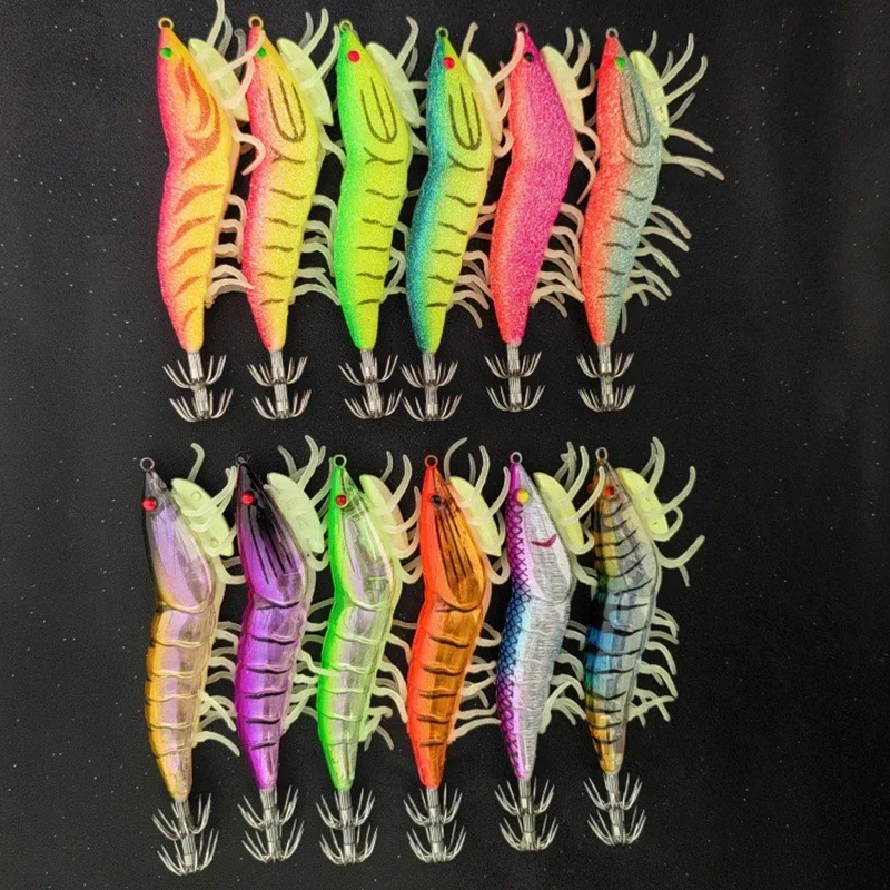 Simulated Shrimp Lures Multi-Size Wooden Shrimp Squid Hook Soft-Legged Shrimp Glow-in-the-Dark Squid Hook Lures