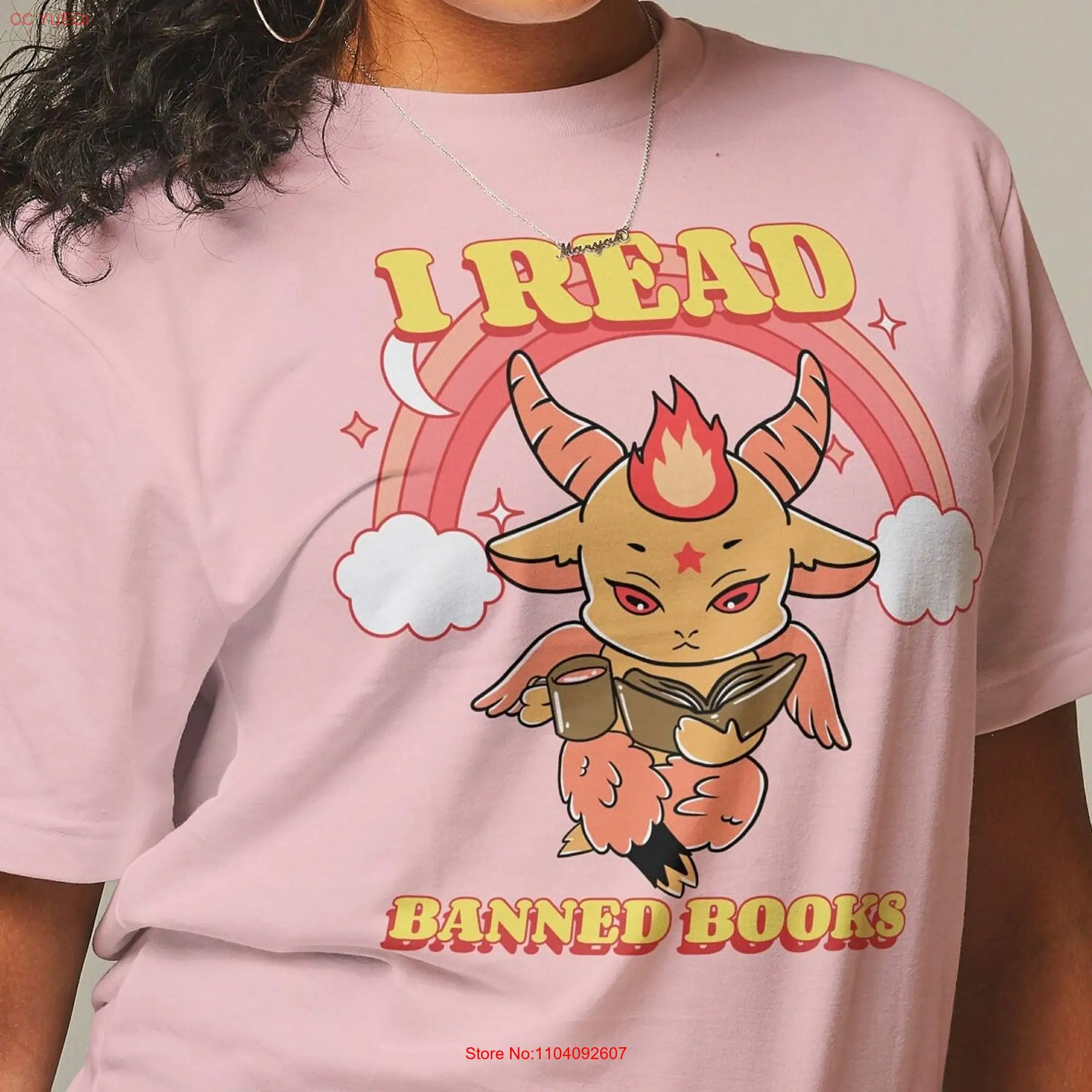 I Read Banned Books T Shirt Literary Book Lover Librarian Cute BaphomeT Funny Demon Gag For Her long or short sleeves