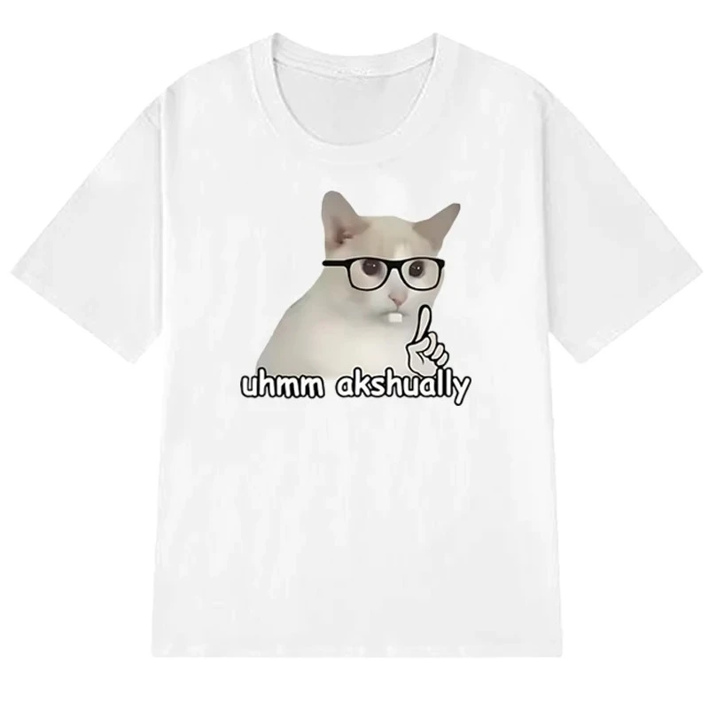 Summer T-shirt Um Actually Funny Nerd Cat Meme Graphic Short Sleeve T-shirt Women's Loose Top Clothing Graphic T Shirts Vintage