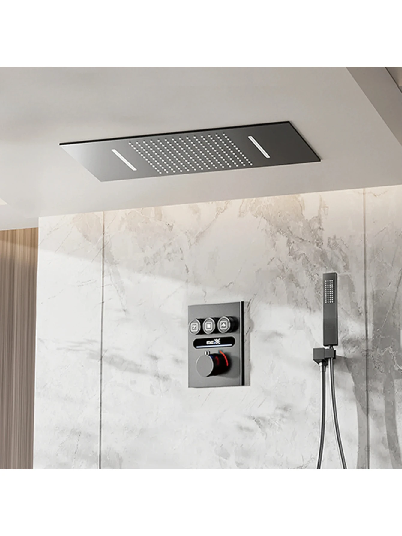 Wall mounted design Luxury black brass thermostatic shower system  Hot&Cold water bathroom ceiling LED digital display faucet