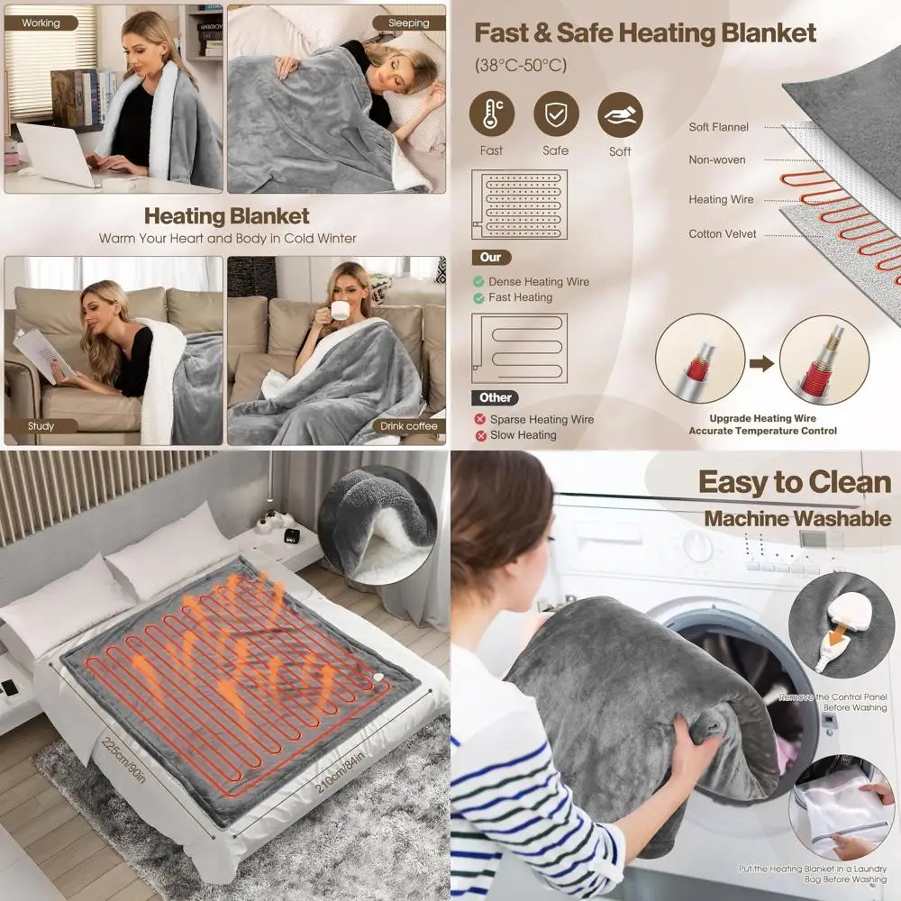 

Queen Size Electric Blanket 84x90 - 6 Heat & 1-10 Hour Timer, Machine Washable, Gray