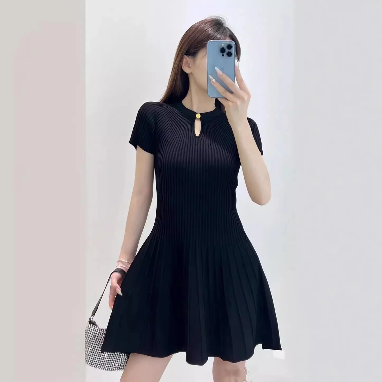 2024 summer women metal button knitted dress slim sleeveless elegant ladies party mini dress