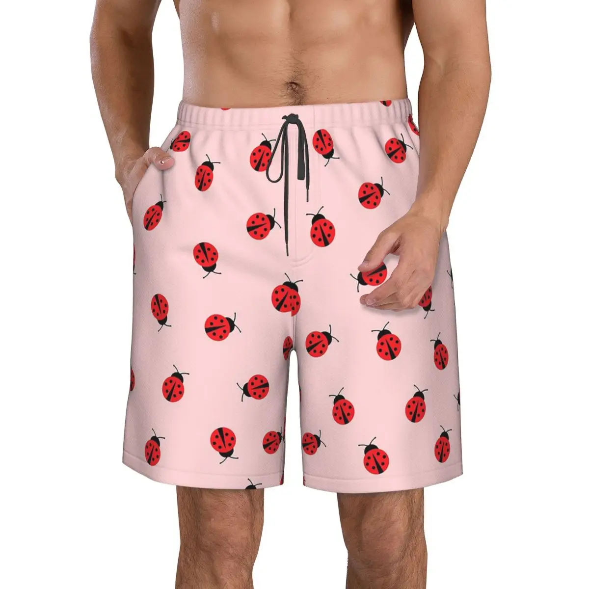 Cute Ladybug Pattern On Pink Background Trunks Beach Board Shorts Casual Quick Dry Swim Summer Men Pants