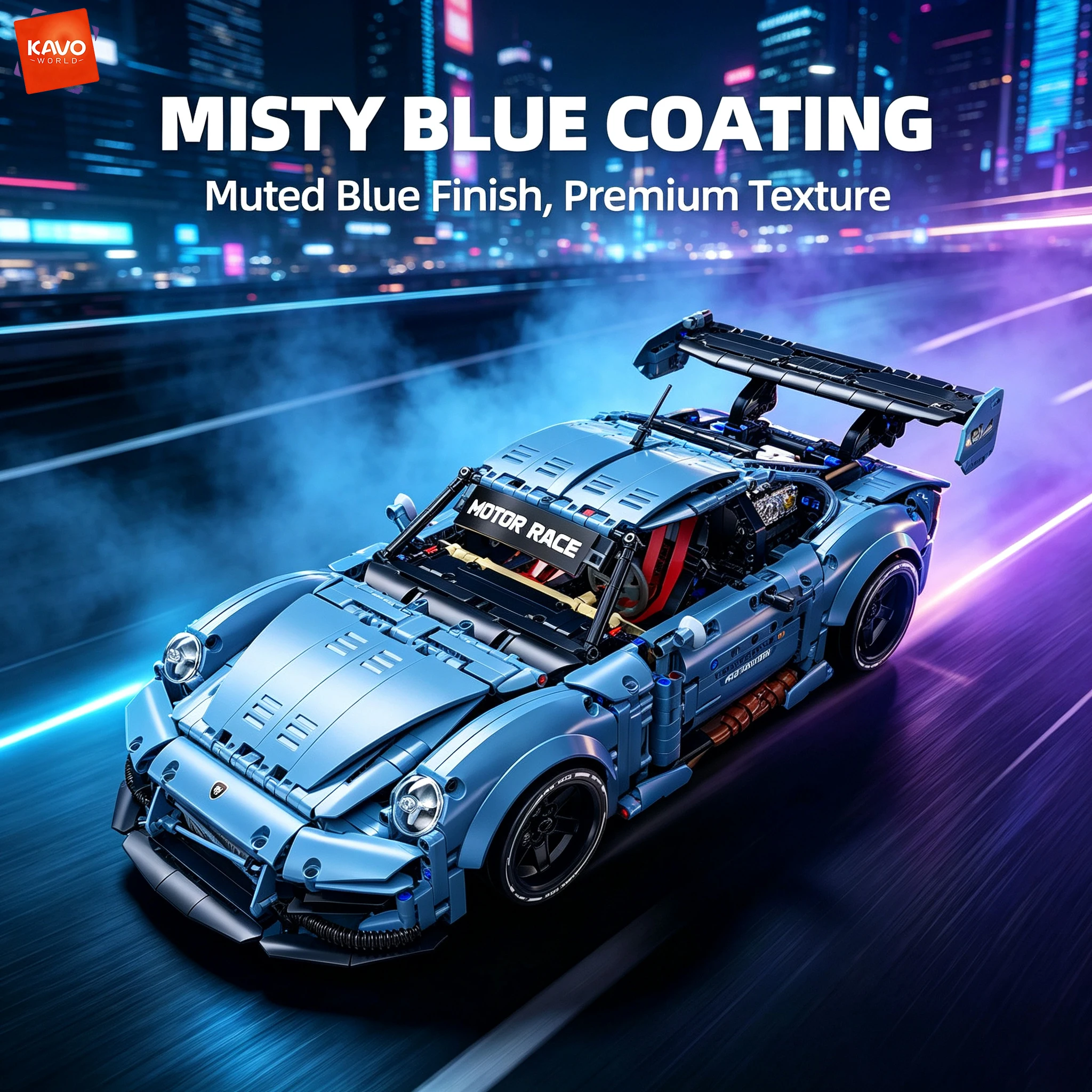 KAVOWORLD 1:10 Scale Misty Blue Drift Race Car Building Blocks Model 2157PCS Supercar With Movable Doors Bricks Toys for Adults