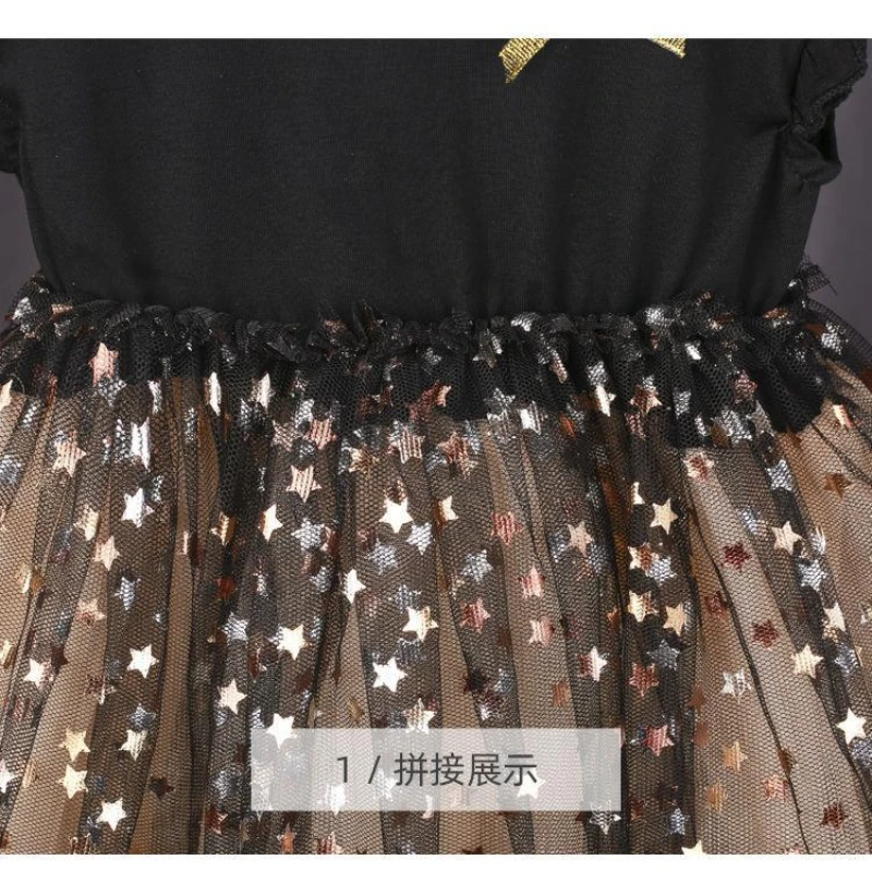 1 to 7 Years 2024 New Baby Black Dress Spring and Summer New Korean Girl Cotton Tutu Skirt Star Net Gauze Princess Dress