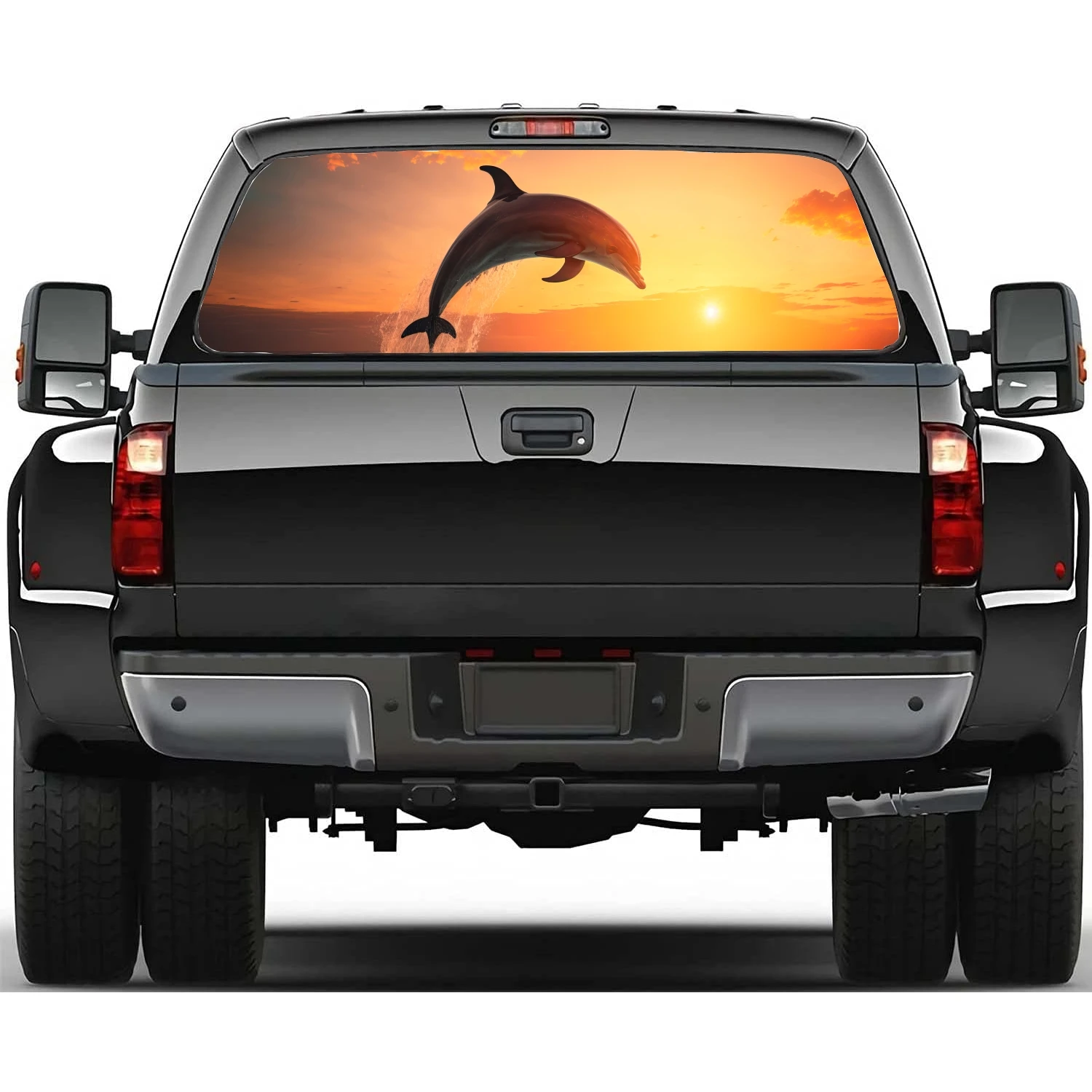

Закат океан с дельфином, автомобильная наклейка на заднее стекло, подходит для пикапа, грузовика, автомобильная универсальная прозрачная перфорированная виниловая наклейка на задние окна