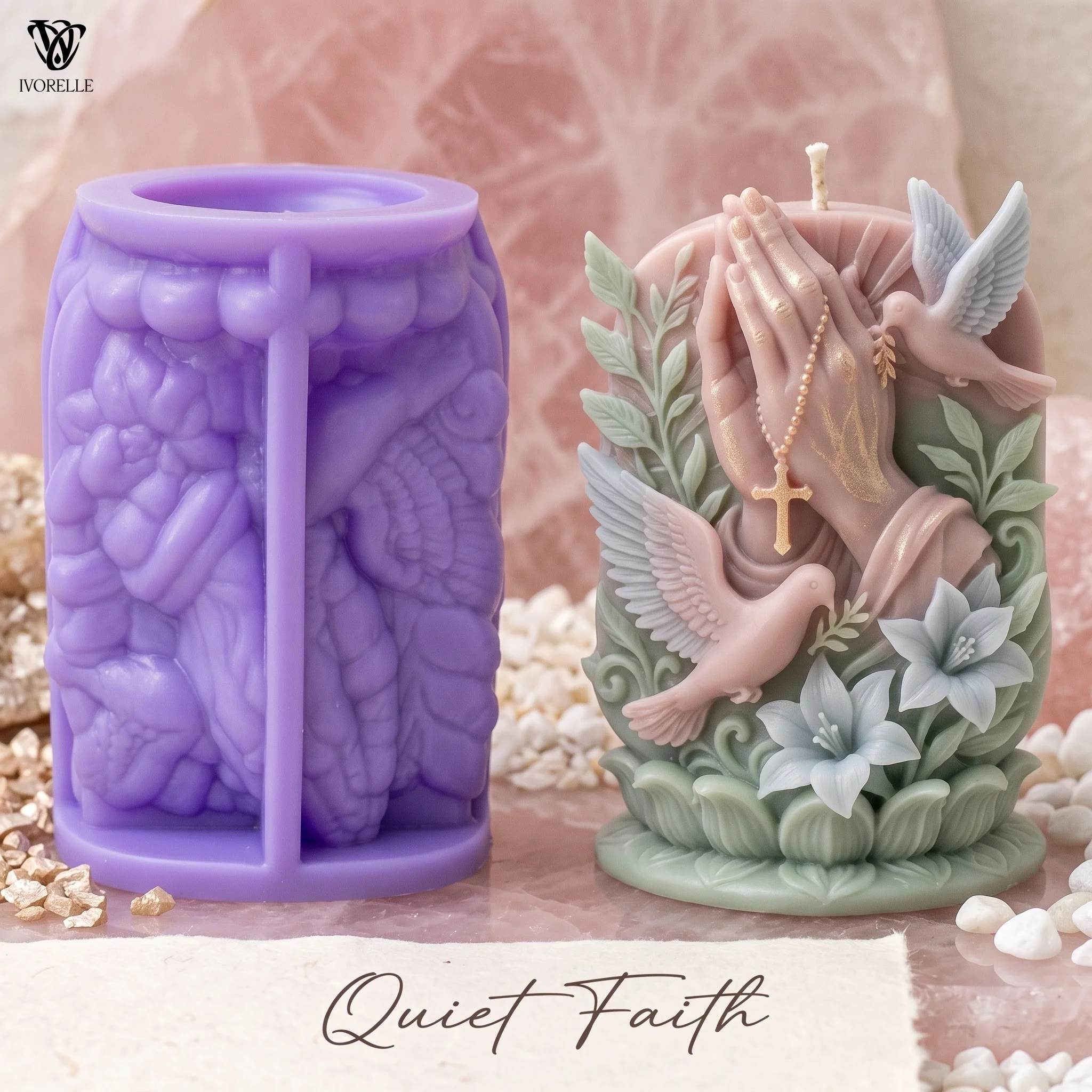 IVORELLE Praying Hands And Doves Silicone Candle Mold Raised Cross Relief For Wax Resin Plaster Soap DIY Home Decor Craft