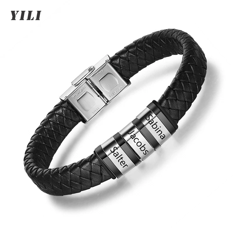 

Custom Men Name Bracelets with 1-5 Names Engraved Personalized Leather Braid Bracelets Gifts for Men Birthday Father's Day