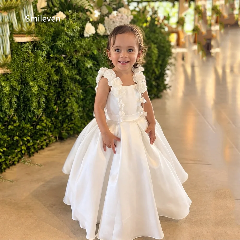 Smileven White A Line Girl Flower Dress Square Neck Flower Strap Birthday Dresses 3D Floral Back Bow Gowns Customized 2026