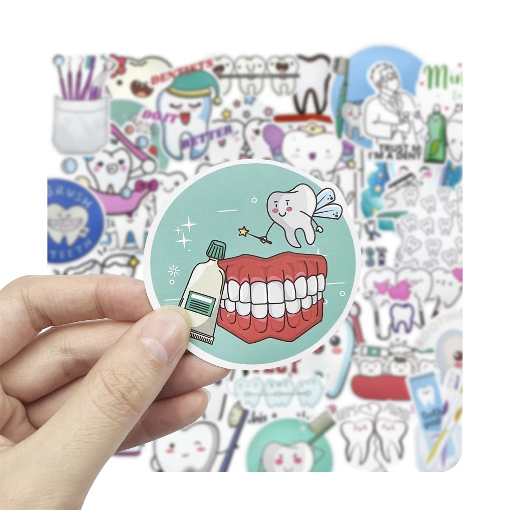50Pcs Cute Cartoon Protect Tooth Stickers Brushing Pattern Molar Toothbrush Shape Sticker Dentistry Graffiti Gift Clinic Decor