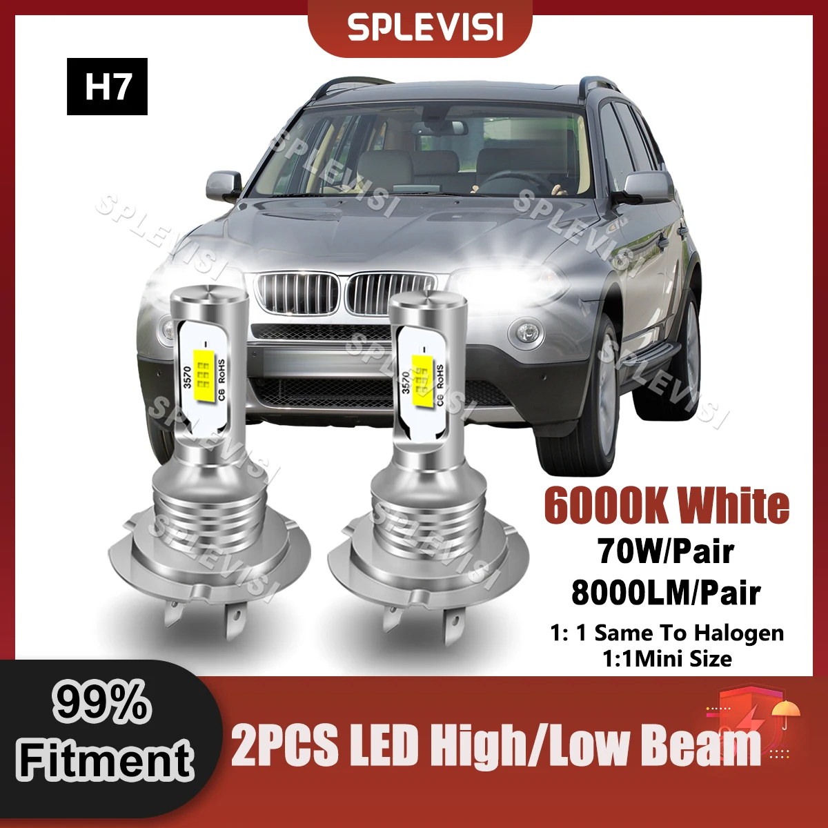 

SPLEVISI Replace Headlight LED H7 High/Low Beam Light 9V-24V 8000LM 70W/Pair For Bmw X3 E83 2004 2005 2006 2007 2008 2009 2010