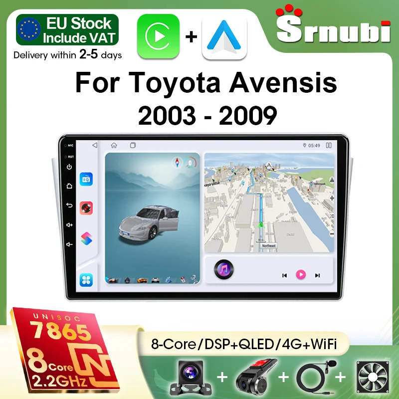 Srnubi pour Toyota Avensis 2003 2004 2005 2006 2007 2008 2009 2Din Android 14 Autoradio Lecteur Multimédia Carplay Android Auto AM Écran partagé 1280x720P Prise en charge SWC Audio