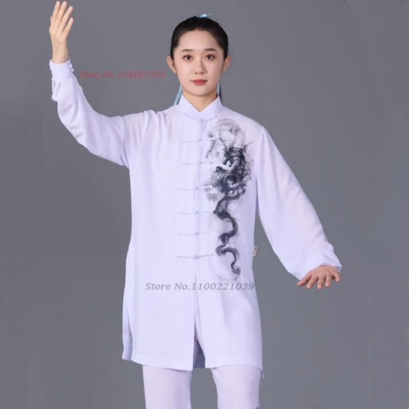 

2024 traditional chinese tai chi wushu uniform kungfu exercise training practice dragon print martial arts outdoor walking set