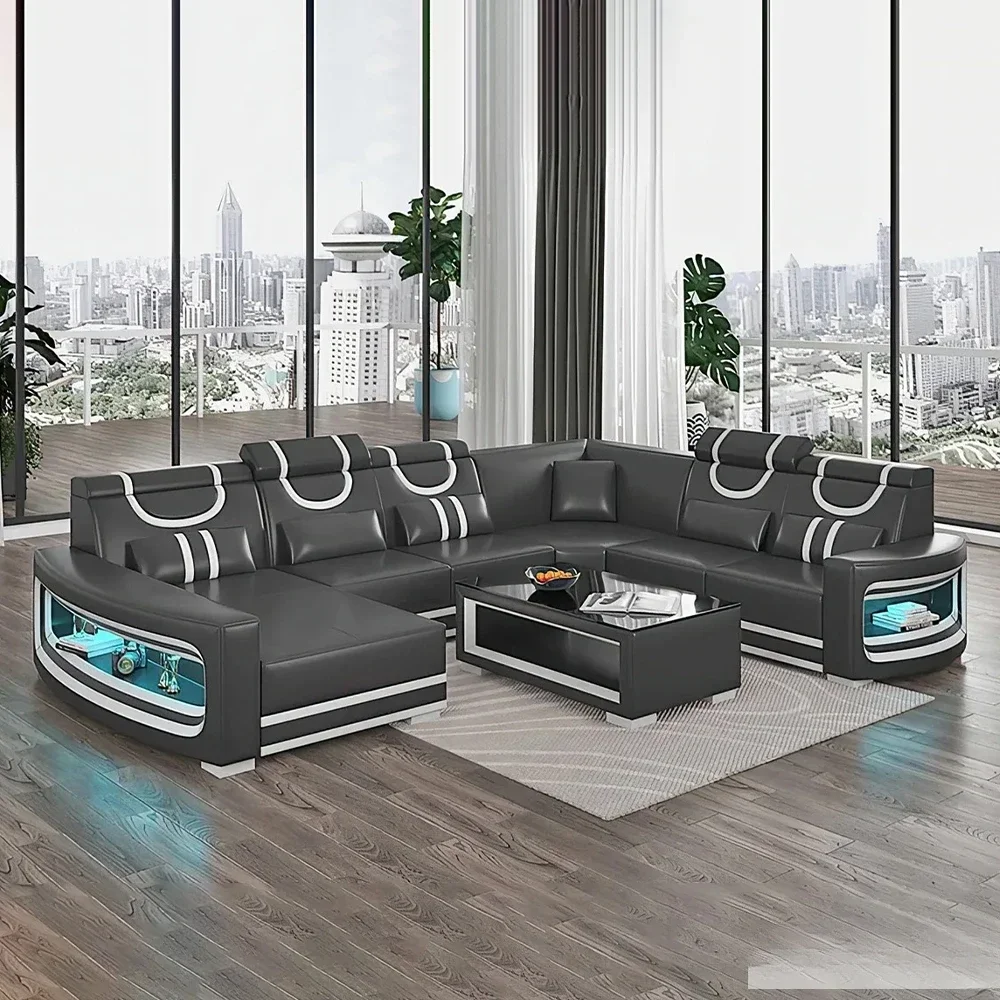 Upgrade Your Living Room with  Italian Genuine Leather Sofa - 2 Colors Combination, LED Light & Soft Cushions