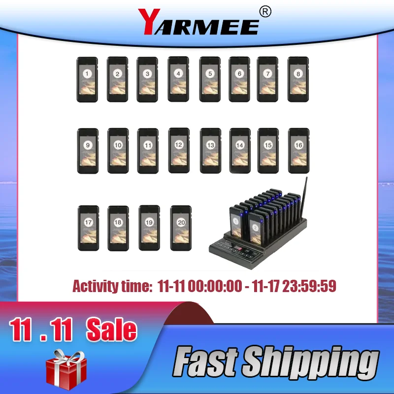 YARMEE Restaurant Pager Calling System  20 Channels Transmitter + 20 Paging Buzzers for Food Court Queuing for Food Pickup