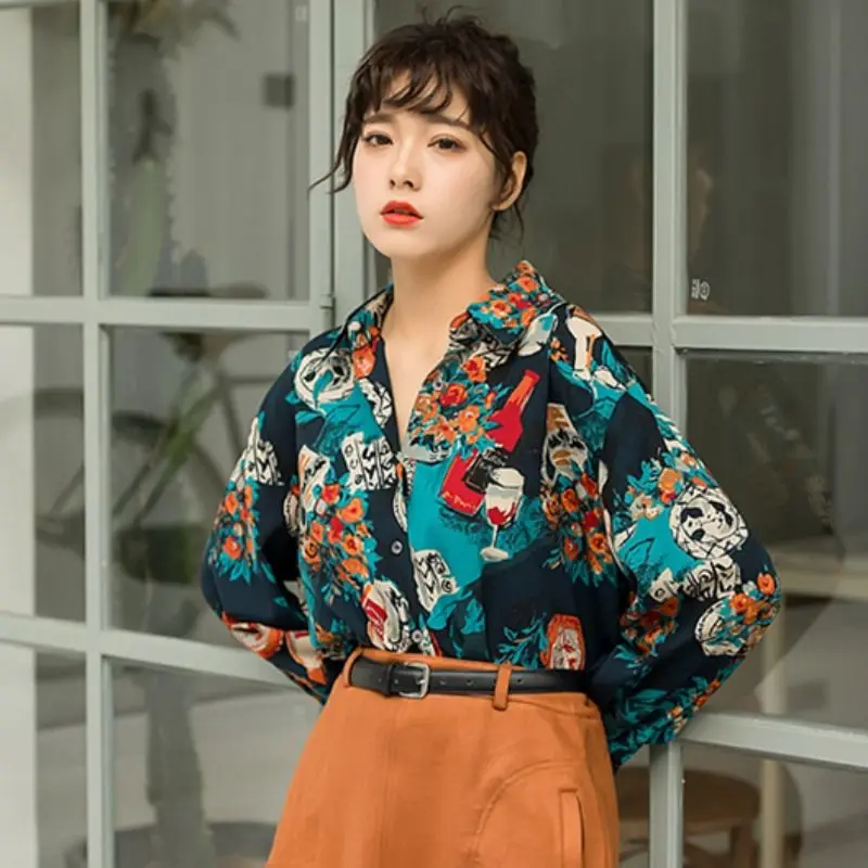 Kikyo Aristocratic Women's Clothing Floral Shirt Hong Kong Style Retro Hong Kong Style Chic Shirt New Oil Painting Loose Top