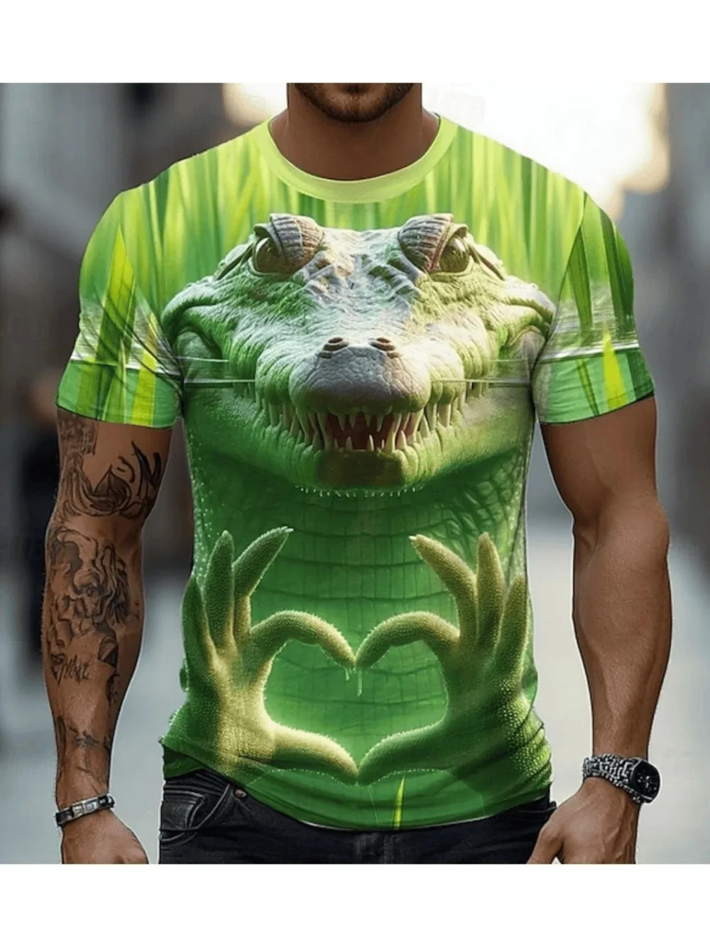 Crocodile Heart Pattern Breathable Quick-drying 3D Printed Men's T-shirt Fashion Trend Loose Casual Outdoor Harajuku Style Cloth