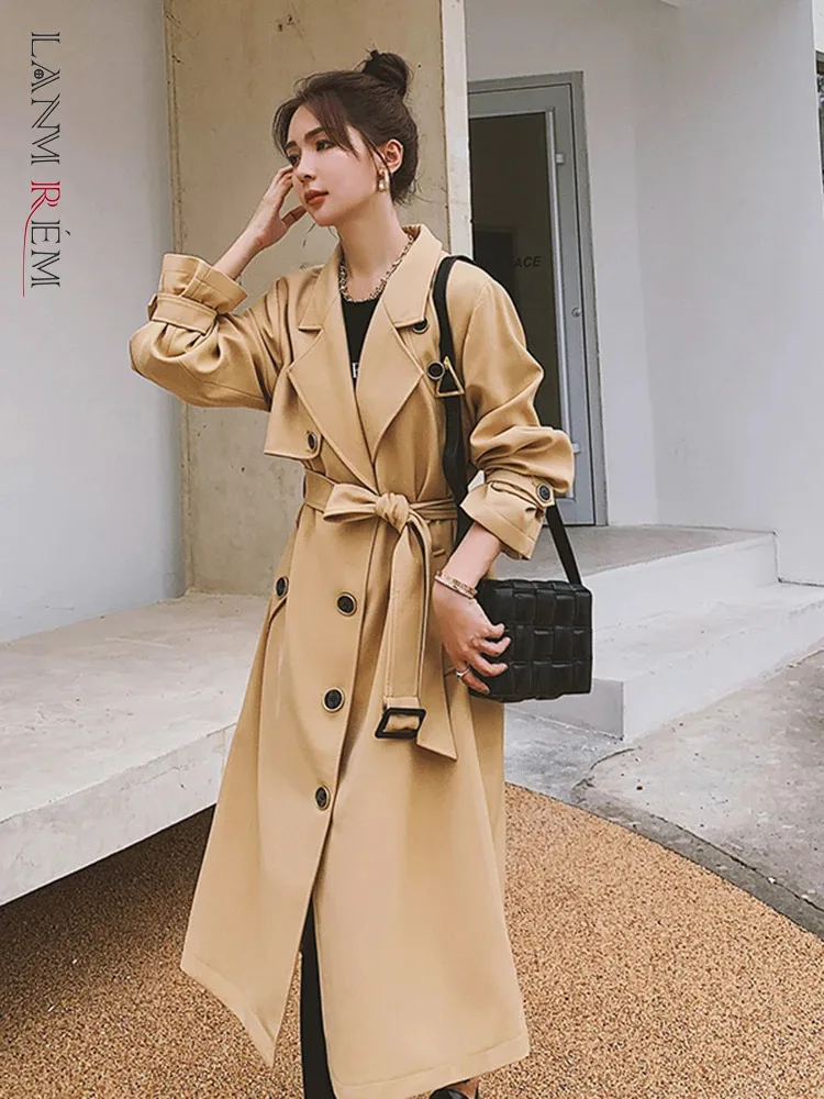 

LANMREM Korean Style Trench Women Lapel Single Breasted Solid Color Lace-up Gathered Waist Windbreaker 2024 Autumn New 2Z2121