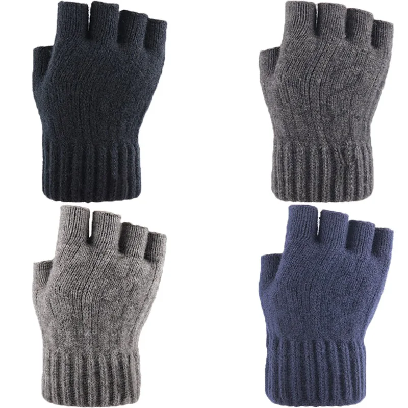 Winter Touchscreen Half Finger Gloves Men Warm Knitted Alpaca Wool Thick Elastic Office Writing Cycling Driving Comfort Grip