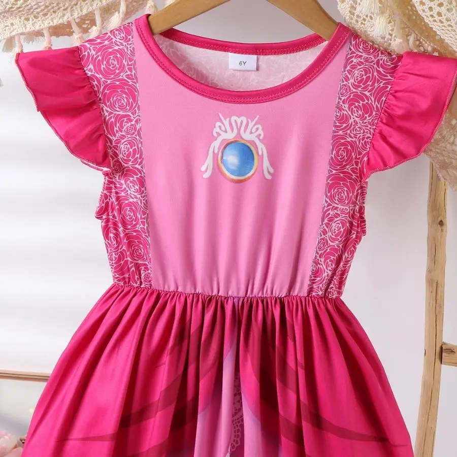 Mädchen Prinzessinnenkleid in Rosa-Pfirsich mit Rüschenärmeln für Kindergeburtstage und coole Feiertage – Detail 4