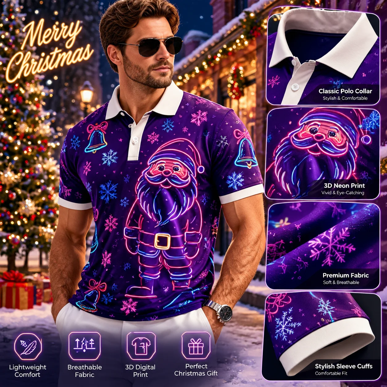 Men Christmas Polo Shirts Neon Santa Design Glow Effect 3D Printed Man Shirts Purple Holiday Outfit Short Sleeve Xmas Clothing