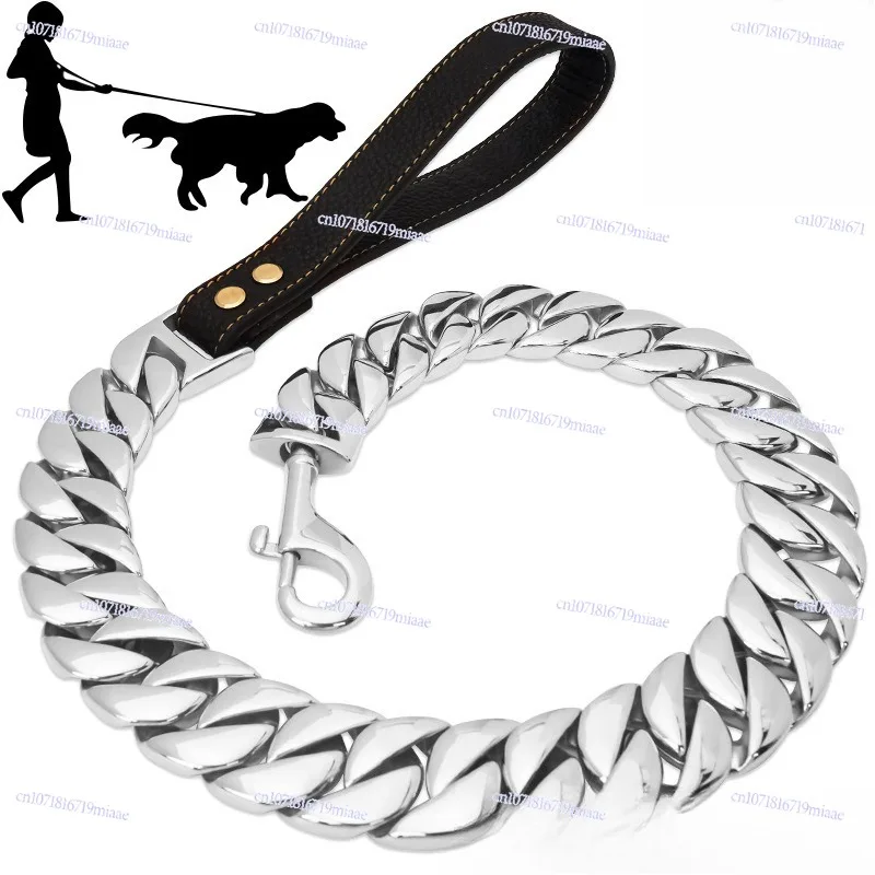 32Mm Cast Coarse Dog Chain Leash Chain with Leather Handle Finely Polished Anti-Bite Leash
