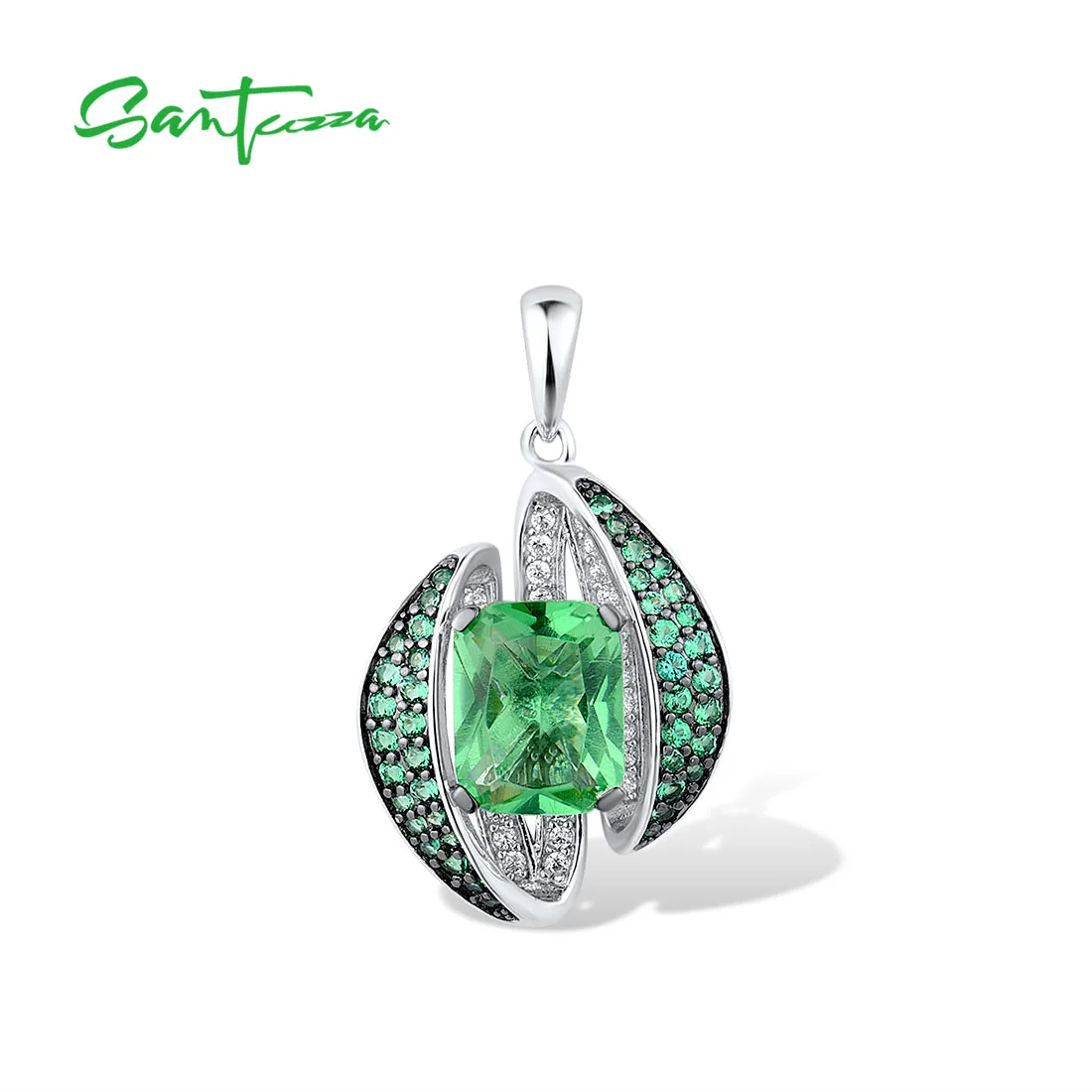 SANTUZZA 925 Sterling Silver Solitaire Pendant For Women Sparkling Green Glass/ Spinel White CZ Trendy Fine Gorgeous Jewelry