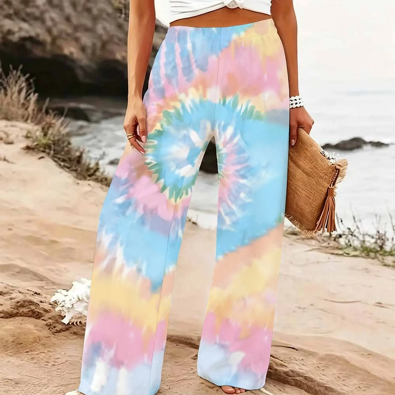Women's Summer Beach Wide Leg Trousers Floral Print Elastic High Waist Loose Fit Casual Vacation Palazzo Pants
