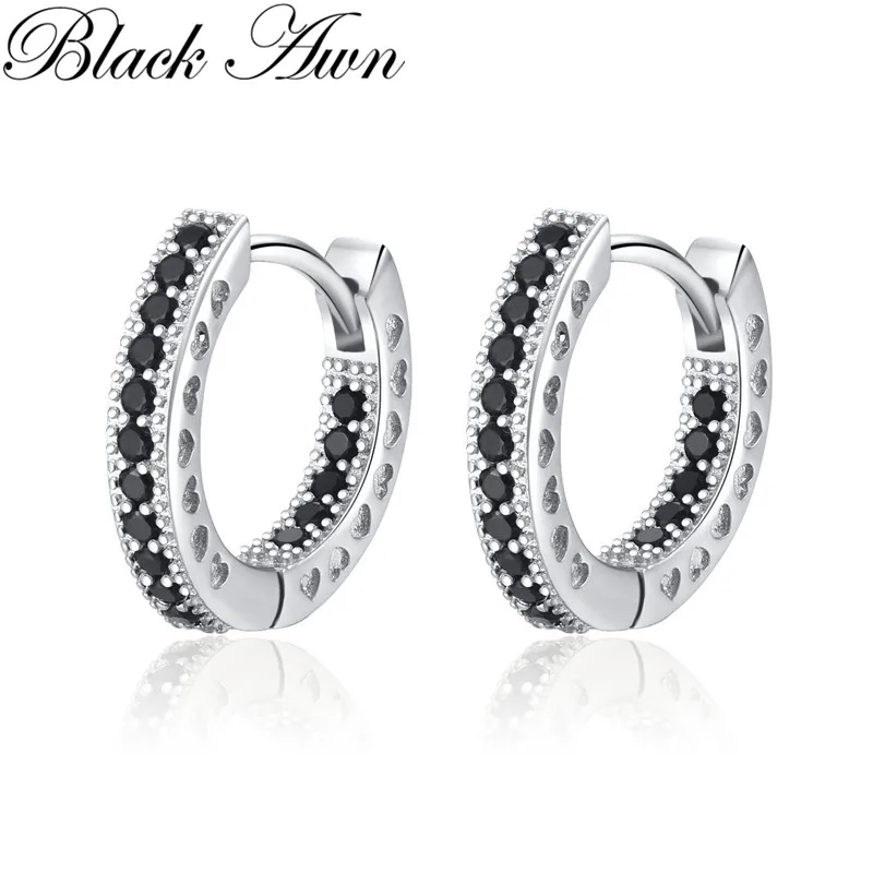 Black Awn 2024 New Hoop Earrings for Women Classic Silver Color Trendy Spinel Engagement Fashion Jewelry I262