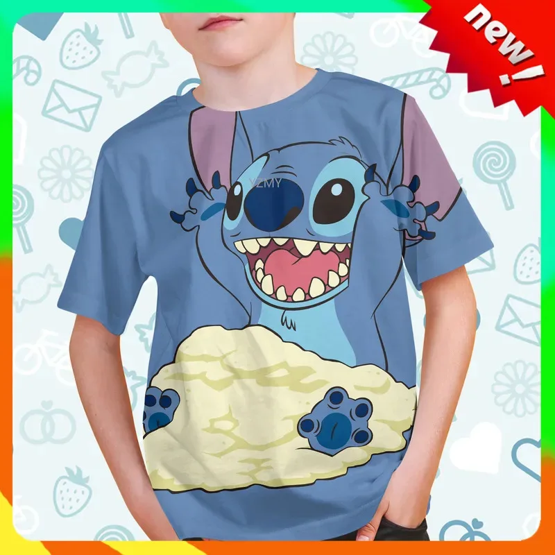 Лето 2023, новая детская футболка Disney Lilo & Stitch, повседневная одежда для мальчиков и девочек, детские футболки с героями мультфильмов, футболки для детей 1–14 лет