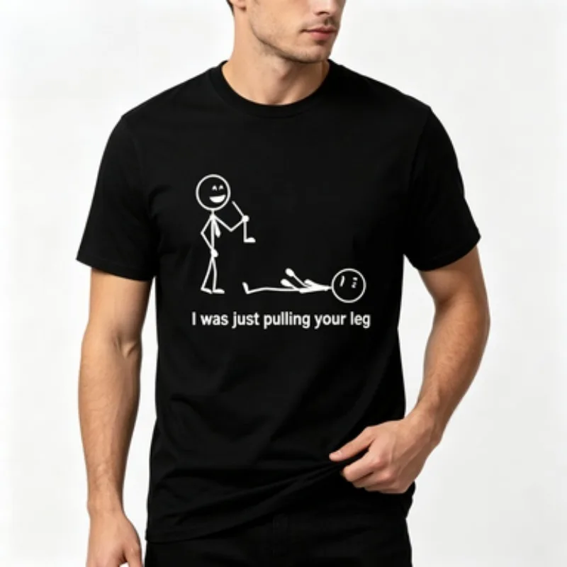 Pure Cotton Mens Tee Minimal Black Stick Man Pull Leg Funny Slogan Design Sarcastic Humor Graphic Casual  Crew Neck T-shirt