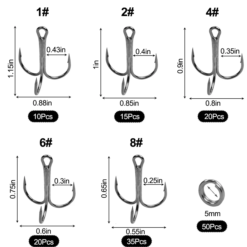 150Pcs Fishing Treble Hooks Strong Sharp Round Bend Treble Hooks High Carbon Steel Fishing Hooks with Split Rings for Lures Bait