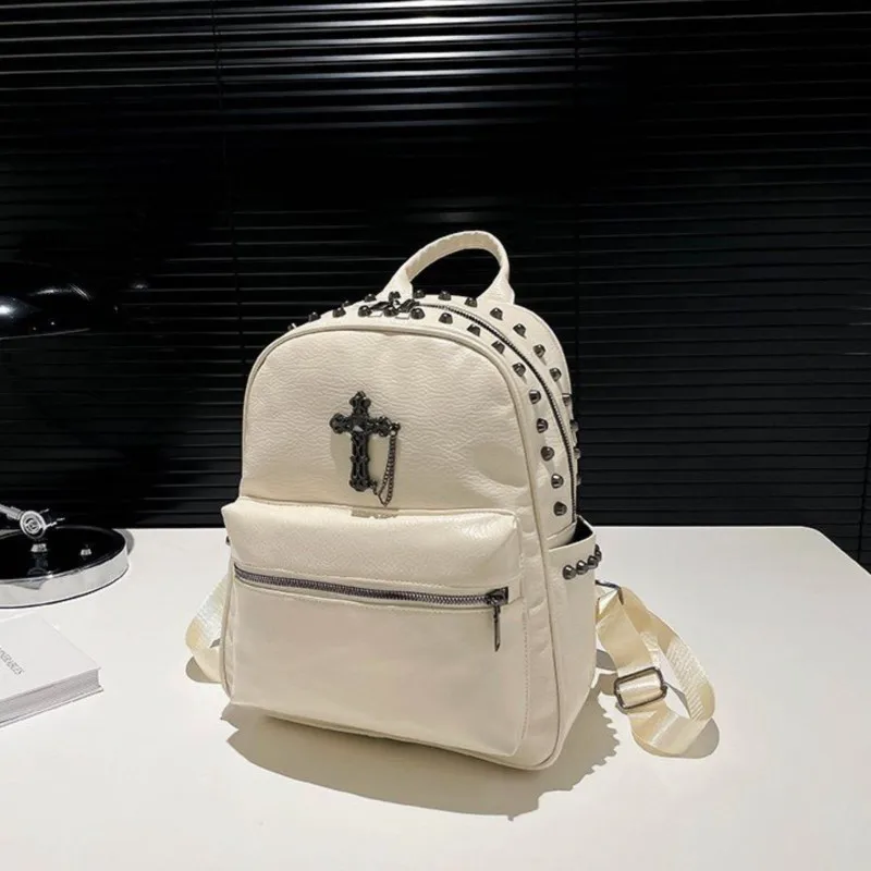 حقيبة ظهر متقاطعة بسلسلة مرصعة بتصميم عتيق للفتيات من الجلد بسعة كبيرة حقيبة نهارية للسيدات Harajuku Y2k موضة Mochilas Mujer Chic #5
