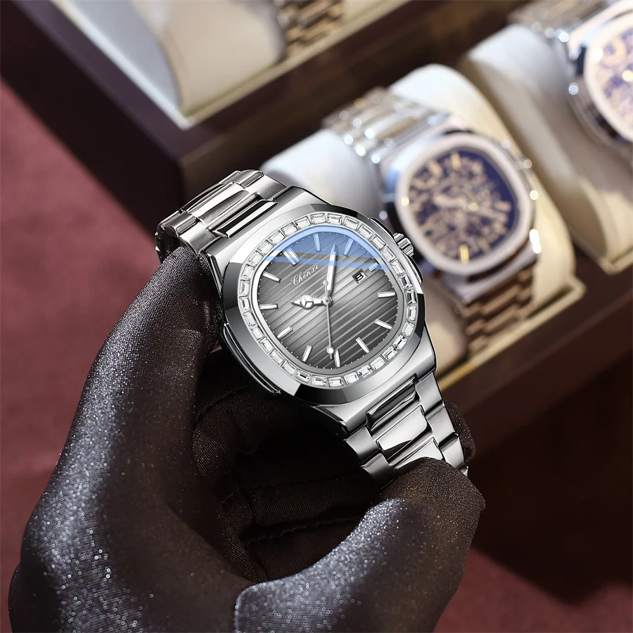 Chenxi 8222S Square Diamond Man นาฬิกาวันที่กันน้ําผู้ชายนาฬิกาข้อมือผู้ชายคุณภาพสูงผู้ชายแบรนด์ชั้นนํานาฬิกาควอตซ์