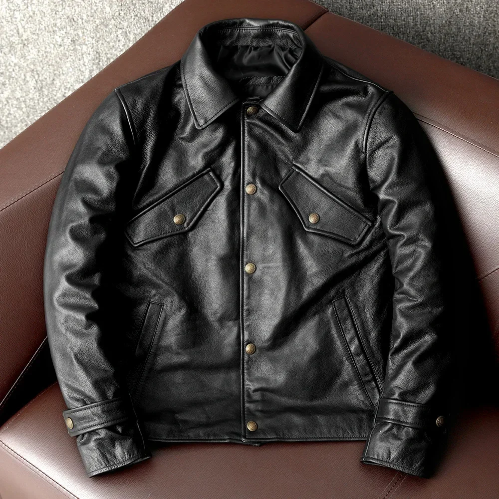 Classic Fashion Black Leather Jacket Men Slim 100% Real Cowhide Jackets Man Genuine Coat Autumn Spring Asian Size 5XL