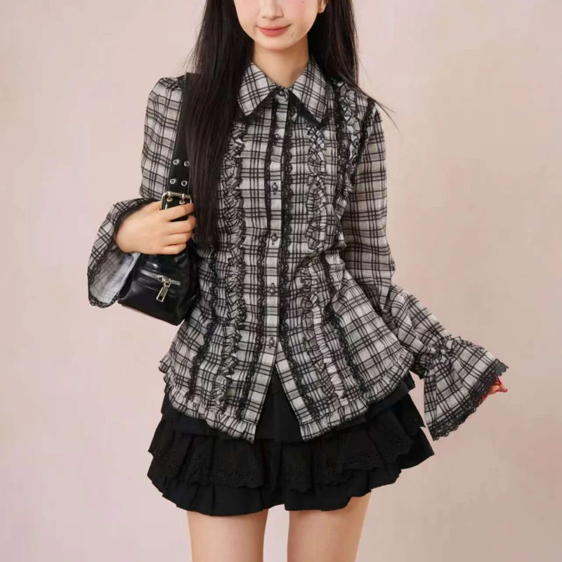 

Y2k Aesthetic Lolita Skirts Set Japanese Vintage Gothic Ruffles Plaid Long Sleeve Shirts Mini Skirts Suit Harajuku Sweet Outfits