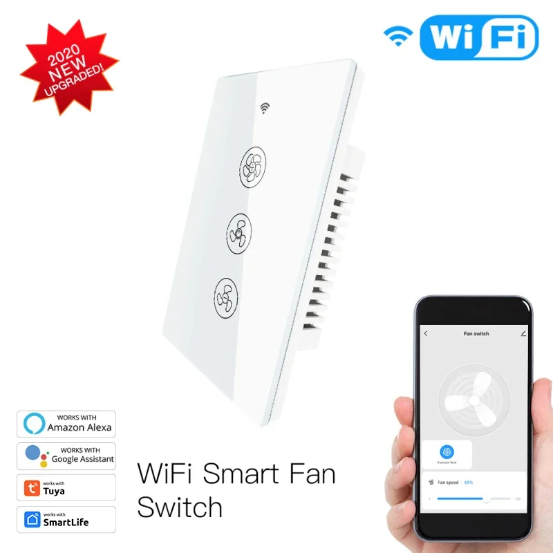 WiFi RF433 Smart Ceiling Fan Switch Smart Life/Tuya App 2/3 Way control Wireless Remote Control Works with Alexa and