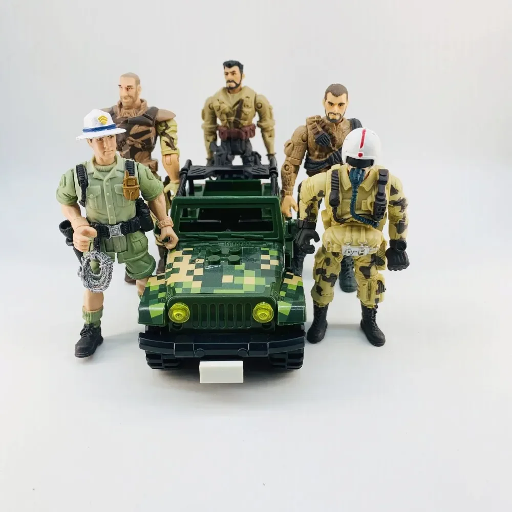 5pcs Movable Warrior Elite Force 1:18 Military Action Figure Toys + Assembling Jeep 10cm Terrorist SWAT Team for Children Gift