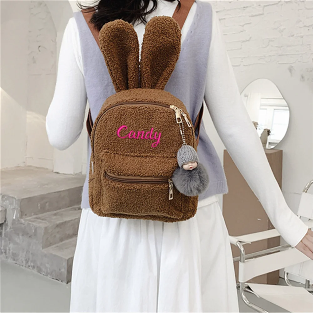 Personalized Name Bunny Backpack Embroidered Name Mini Backpack Rabbit Ear Women Travel Shoulder Bags Plush Backpack Custom Name