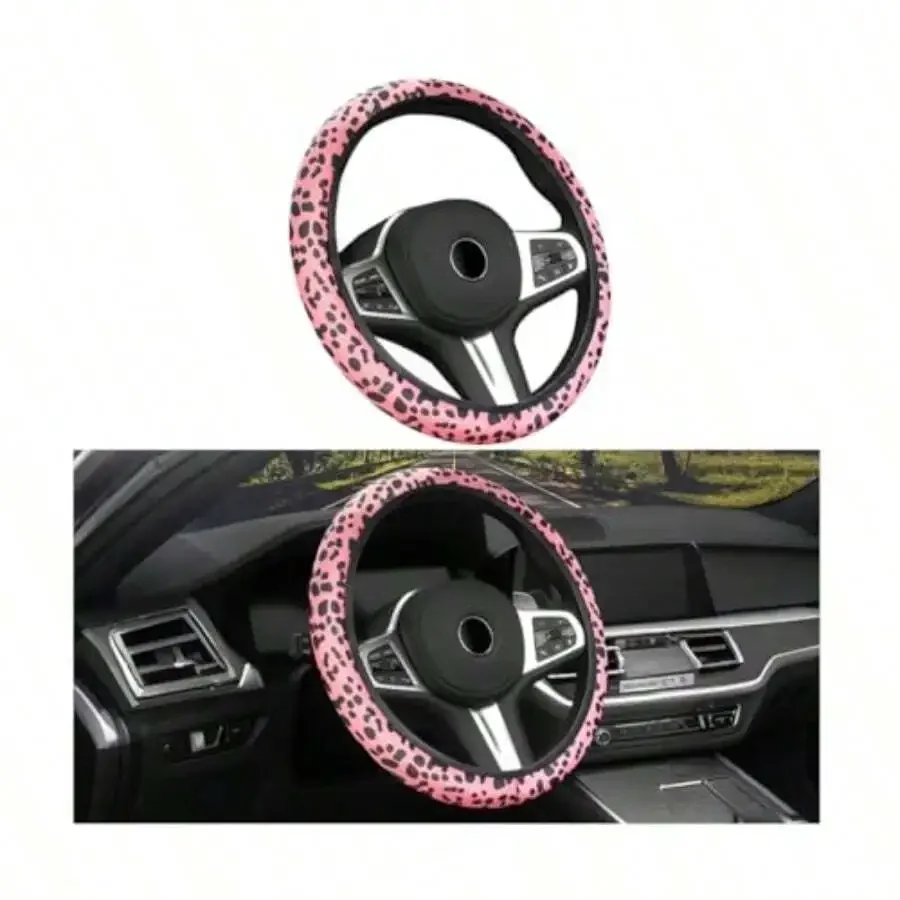 

15 Inch Pink Leopard Print Steering Wheel Cover Elastic Anti-Slip Breathable Universal Car Interior Accessory