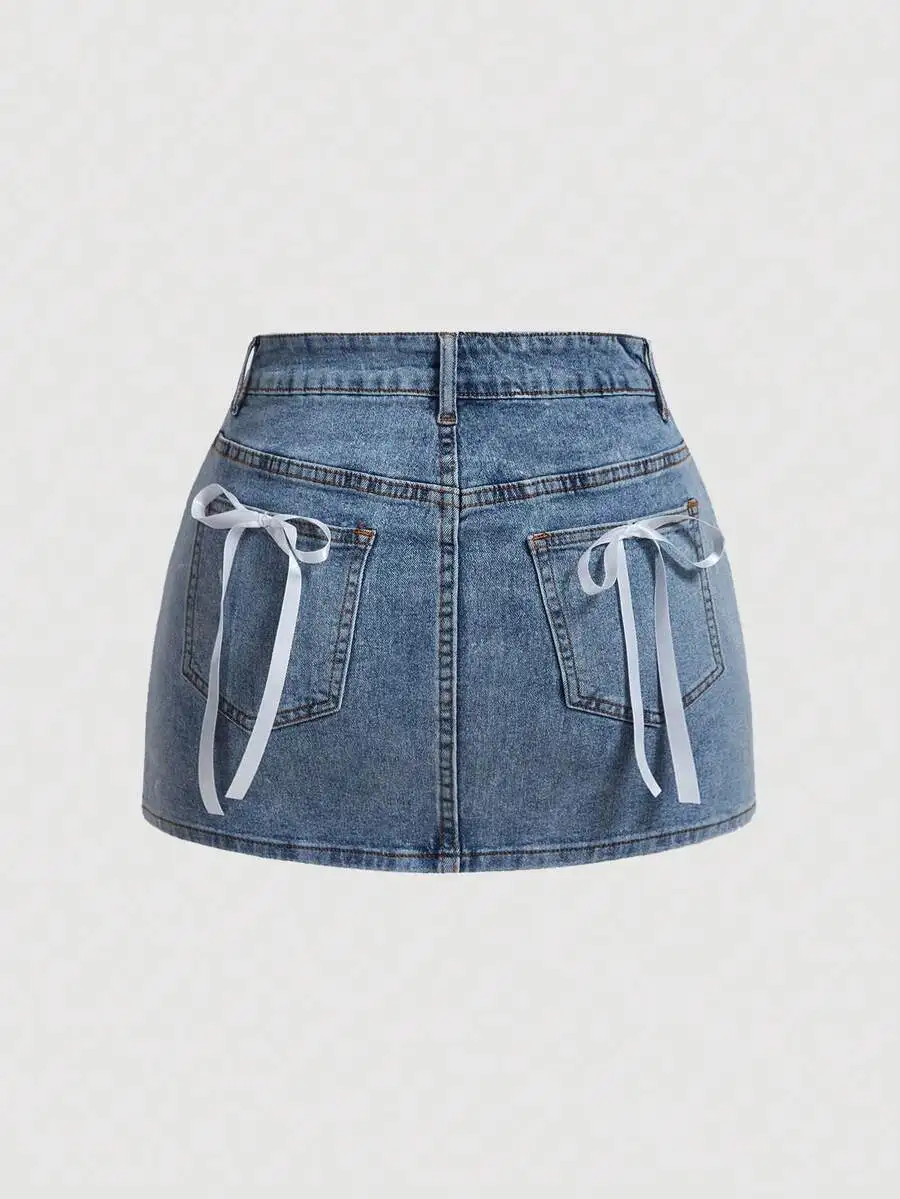 

Denim Mini Skirt With Bow Decor For Summer Casual Wear