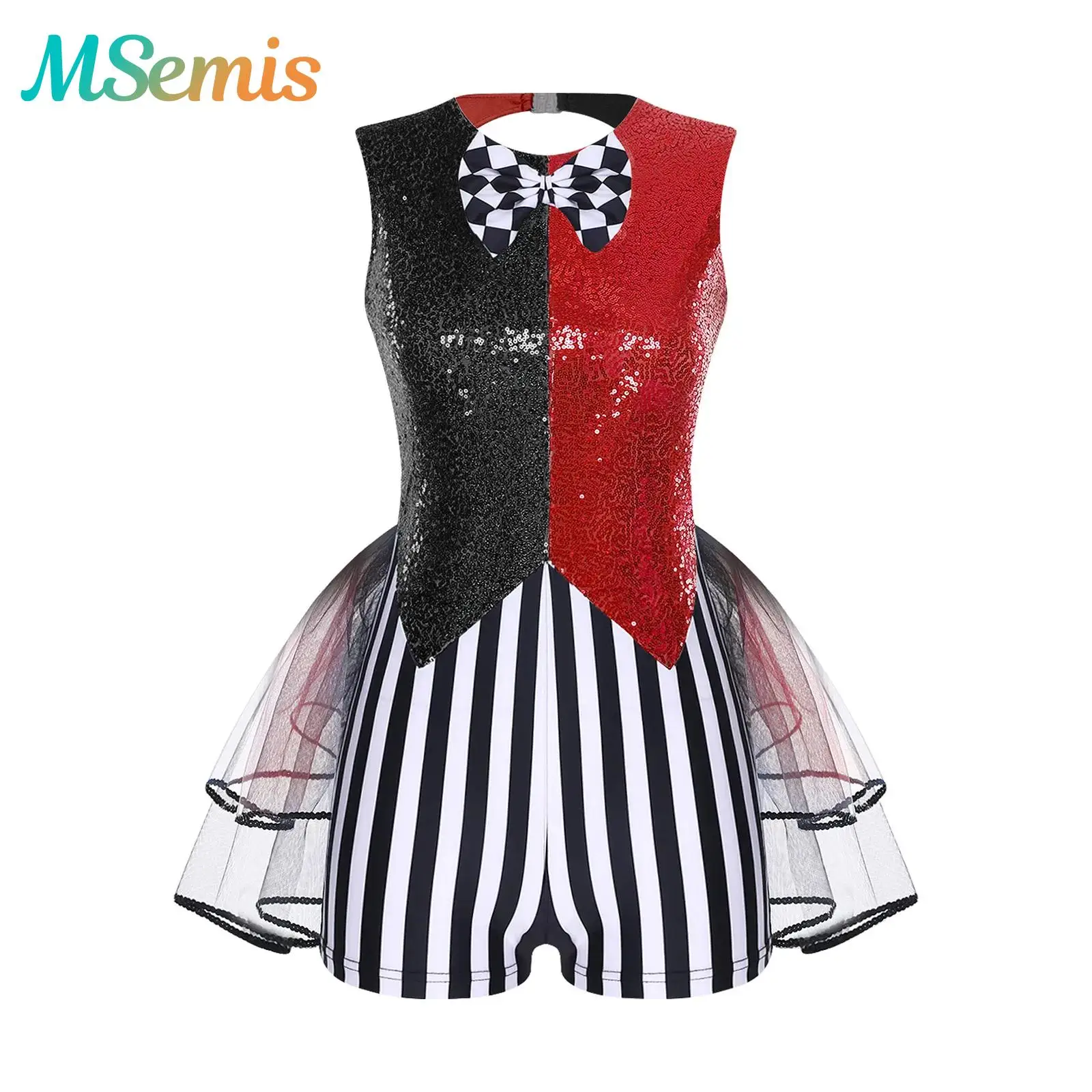 

Женский комбинезон-боди «Безумный цирк» для балета и косплея, с пайетками, в полоску, в клетку, с бантом и многоярусным тюлем