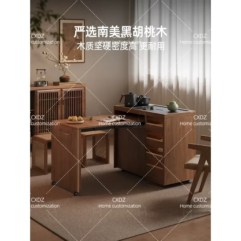 Movable Solid Wood Tea Table with Integrated Kettle Small Apartment Side Table Coffee Table Household Log Furniture