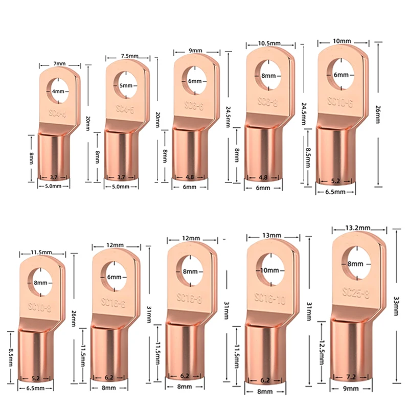 10PCS Copper Lug Ring Wire Connectors Bare Cable Electric Crimp Terminal SC4-6 SC6-6 SC6-8 SC10-6 SC16-6 SC16-8 SC25-8