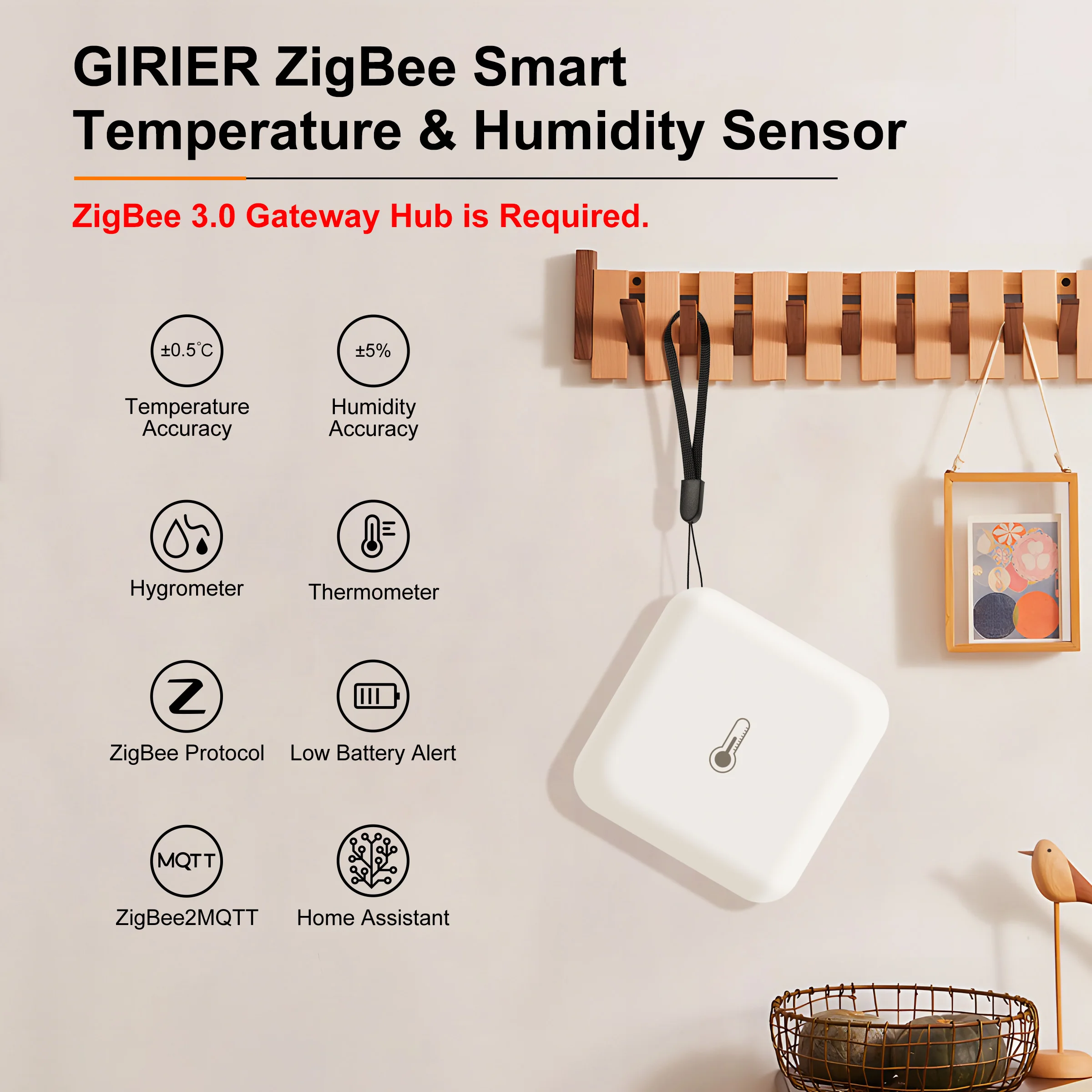 GIRIER ZigBee 3.0 Czujnik temperatury i wilgotności Inteligentny termometr domowy Higrometr wewnętrzny Obsługuje Alexa Hey Google Home Assistant
